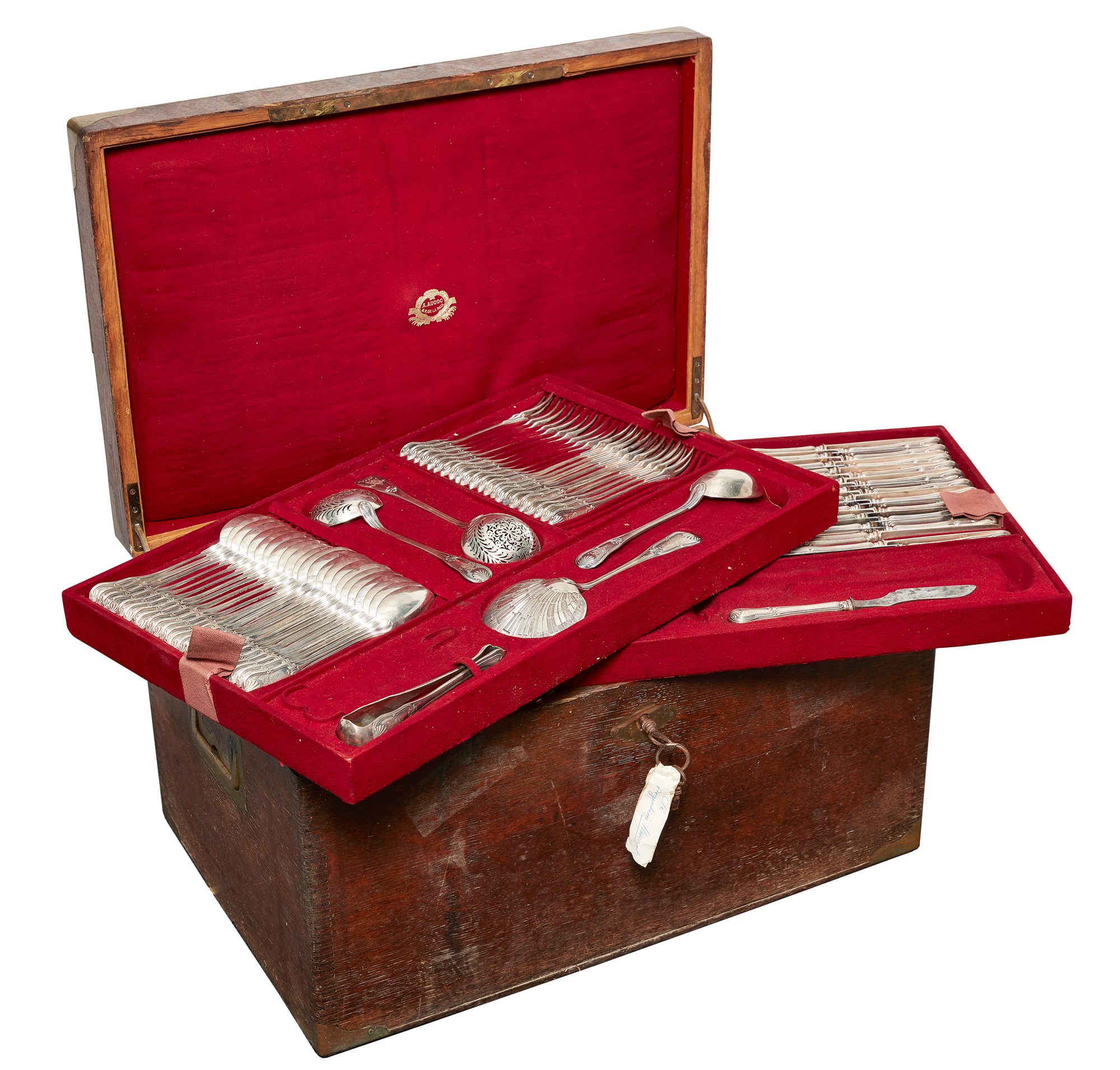 A large oak cased part canteen of French silver cutlery, by A. Aucoc, Paris, late nineteenth/early twentieth century, stamped with French marks for 950 silver