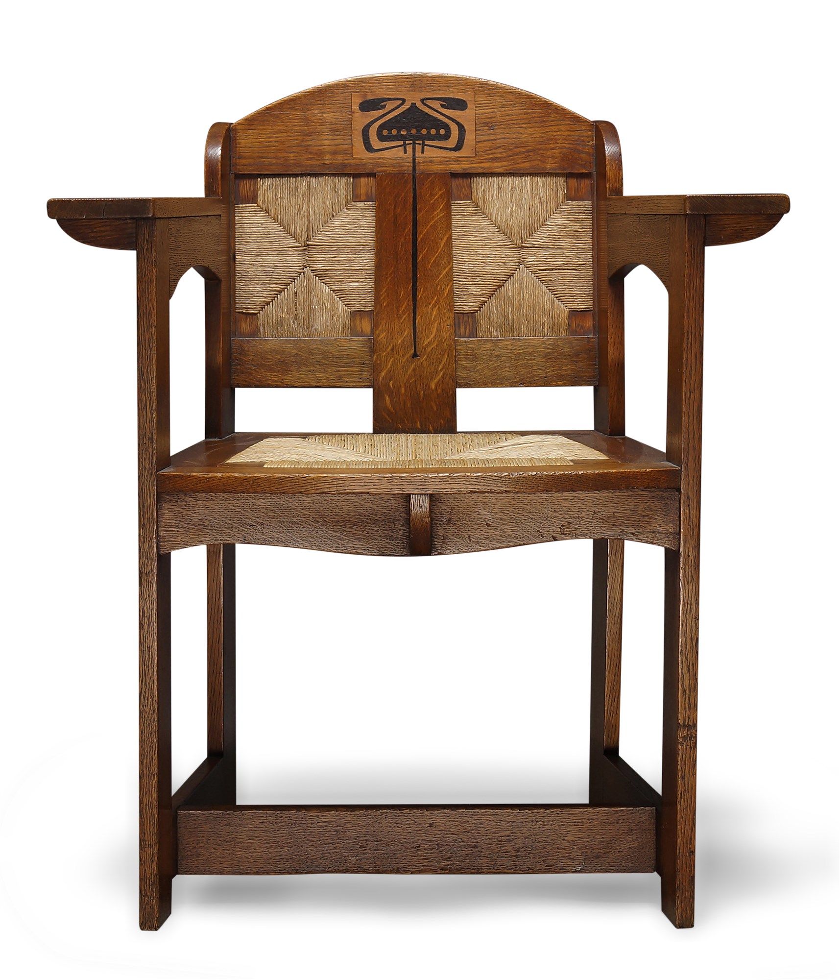 E.G. Punnett (British), and Art & Crafts inlaid oak and rush seated arm chair made by William Birch of High Wycombe c.1901