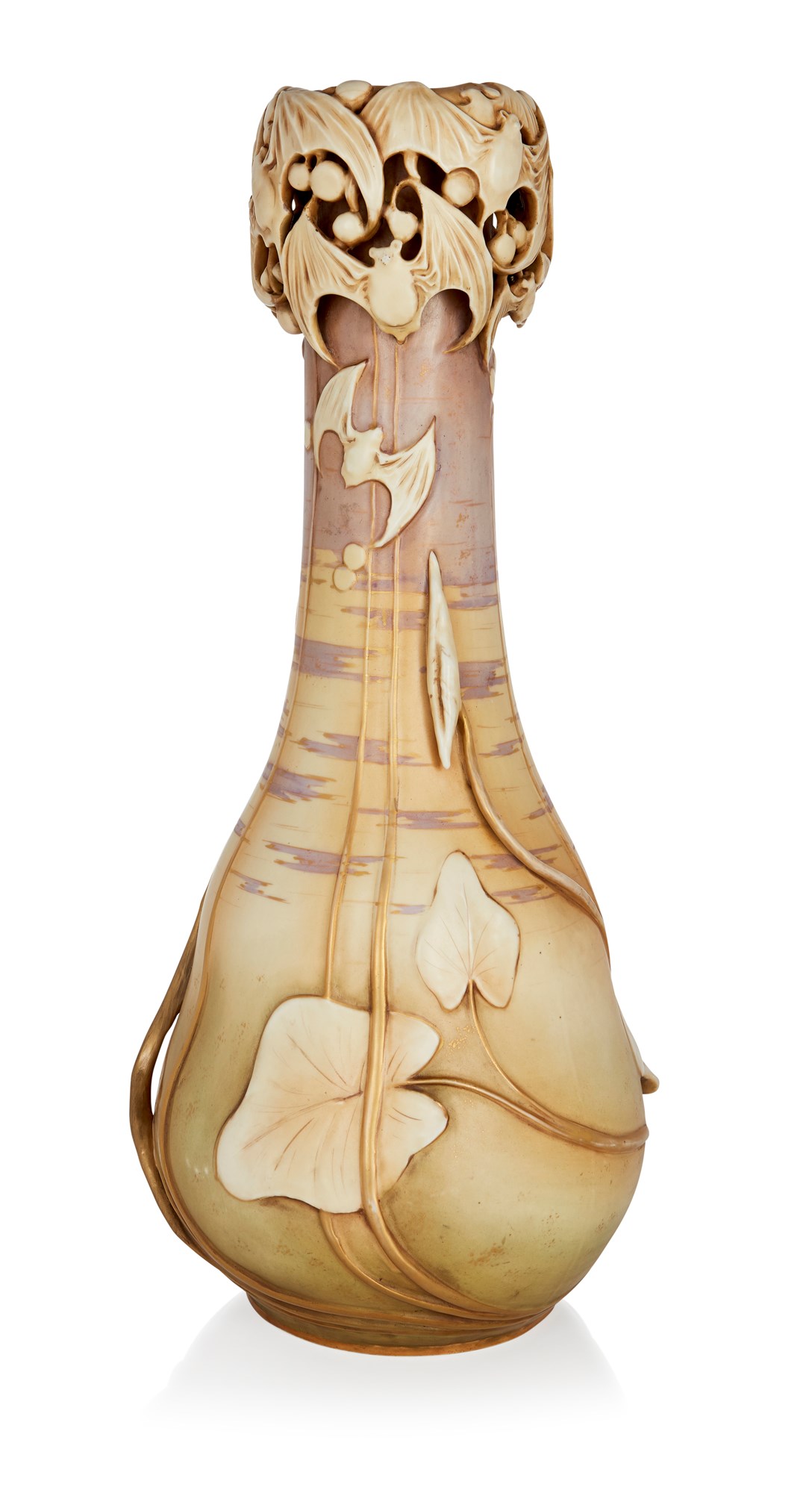 Amphora, a tall ceramic Art Nouveau ‘Bat and Berry’ vase designed by Paul Dachsel and made by Reissner, Stellmacher & Kessel c.1901