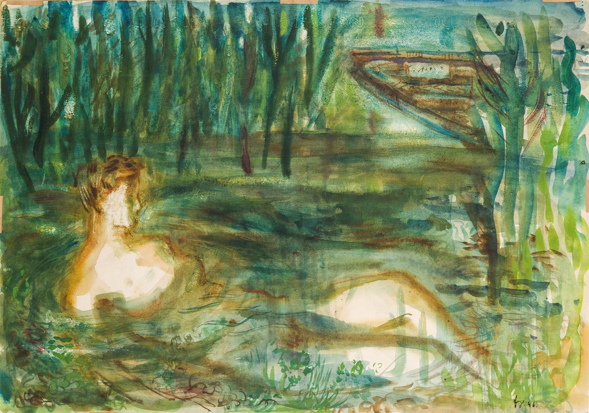 Peter Foldes, British/Hungarian 1924-1977 - Untitled (woman bathing in a lake), 1946; gouache on paper, signed and dated lower right 'PF 46', 42.5 x 61 cm (unframed) (ARR)  Provenance: Gimpel Fils, London 