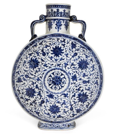 A large Chinese porcelain Ming style blue & white moonflask, Qianlong period