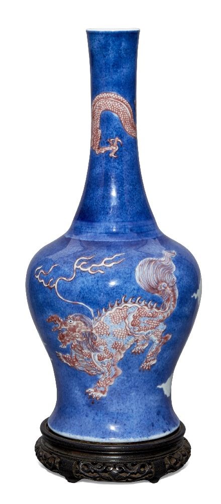 A rare Chinese porcelain powder blue ground bottle vase