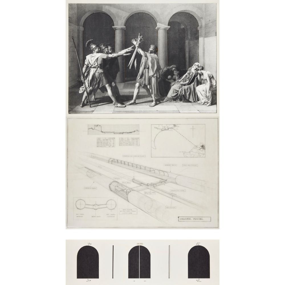 Carl Plackman, British 1943-2004- Identity / Hijack, 1974; mixed technique composition with reproduction, dyeline and collage on paper and tracing paper