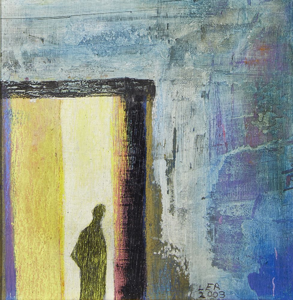 Lucy Raverat, British b.1948- Figure in Doorway, 2003; mixed media on board